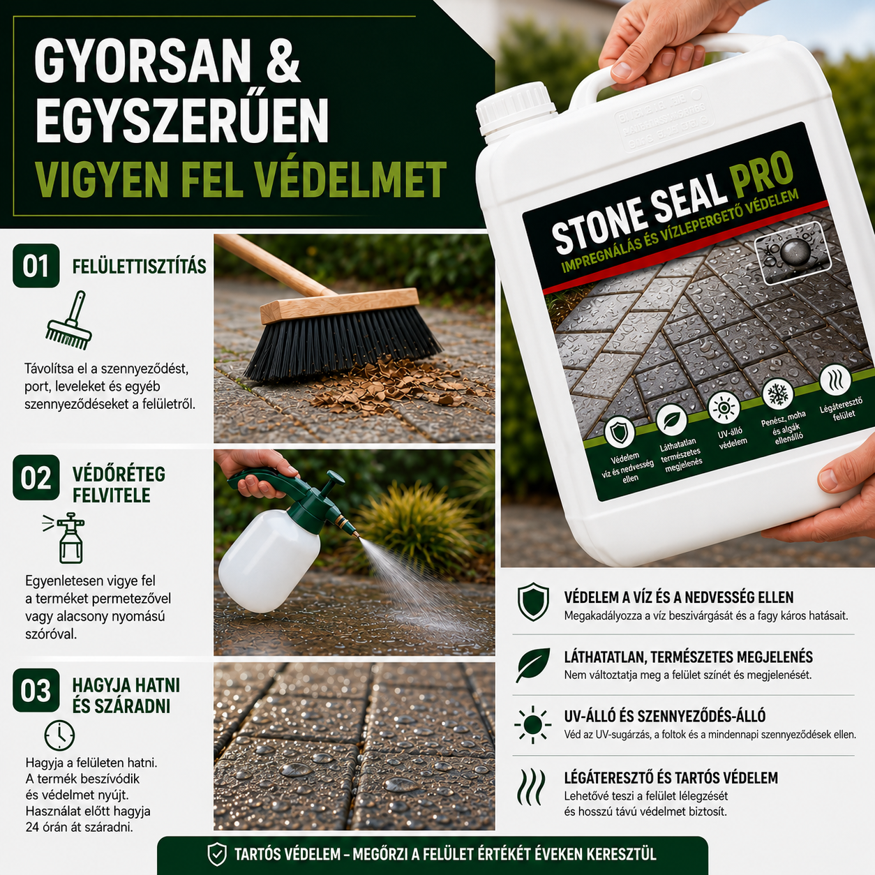 2 az 1-ben impregnálás és vízszigetelő védelem | Védelem az algák, moha, zuzmók és gombák ellen